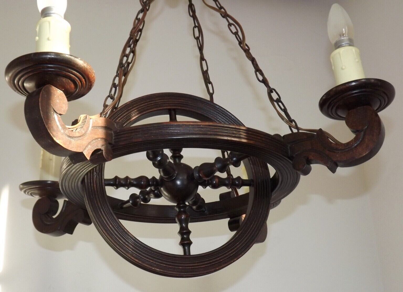 French vintage rustic 4 light wheel chandelier hand