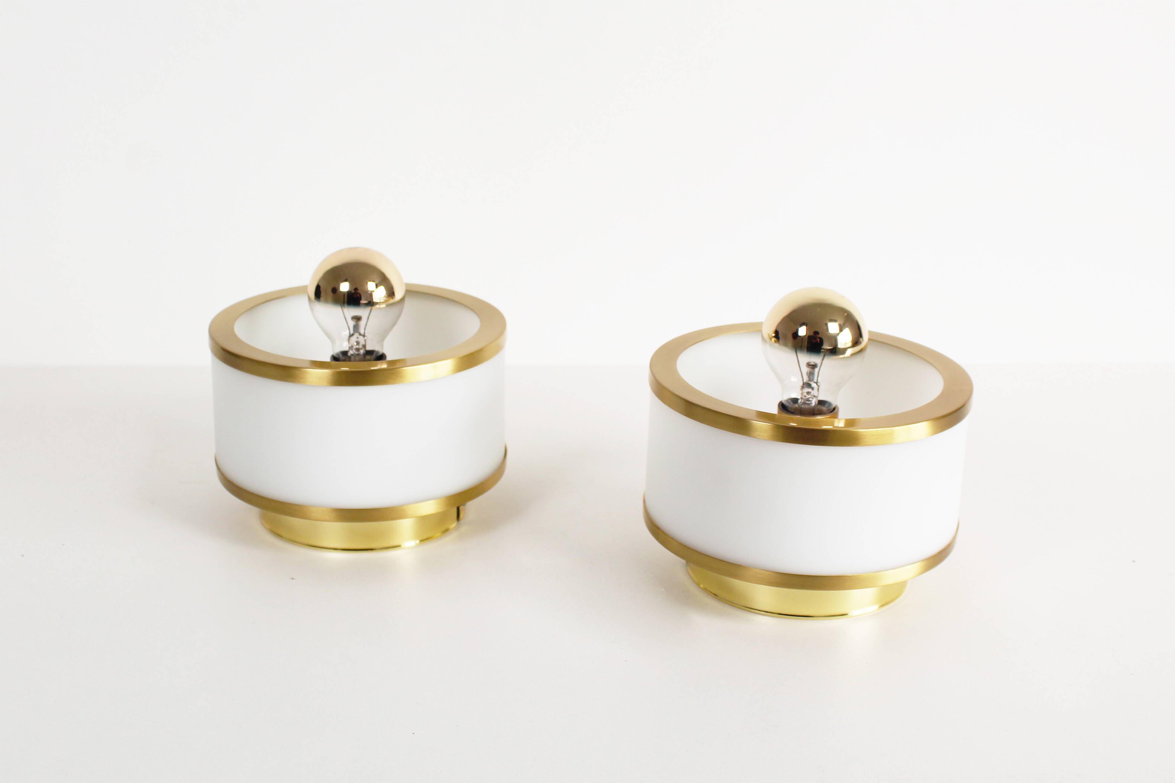 Pair of vintage 1980's opaline glass and brushed brass wall lights
