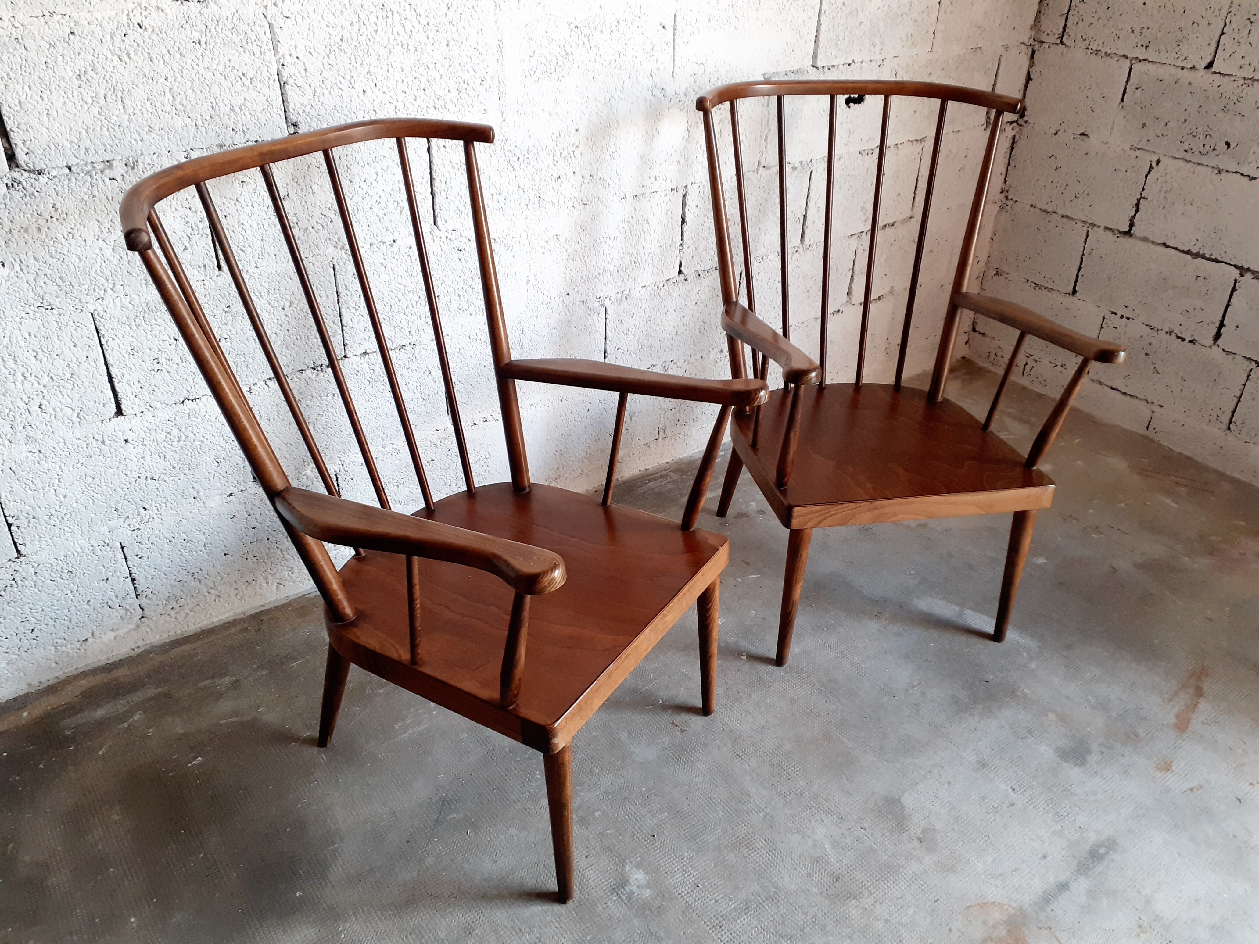 Pair of vintage wooden armchairs Baumann model Fan 60s