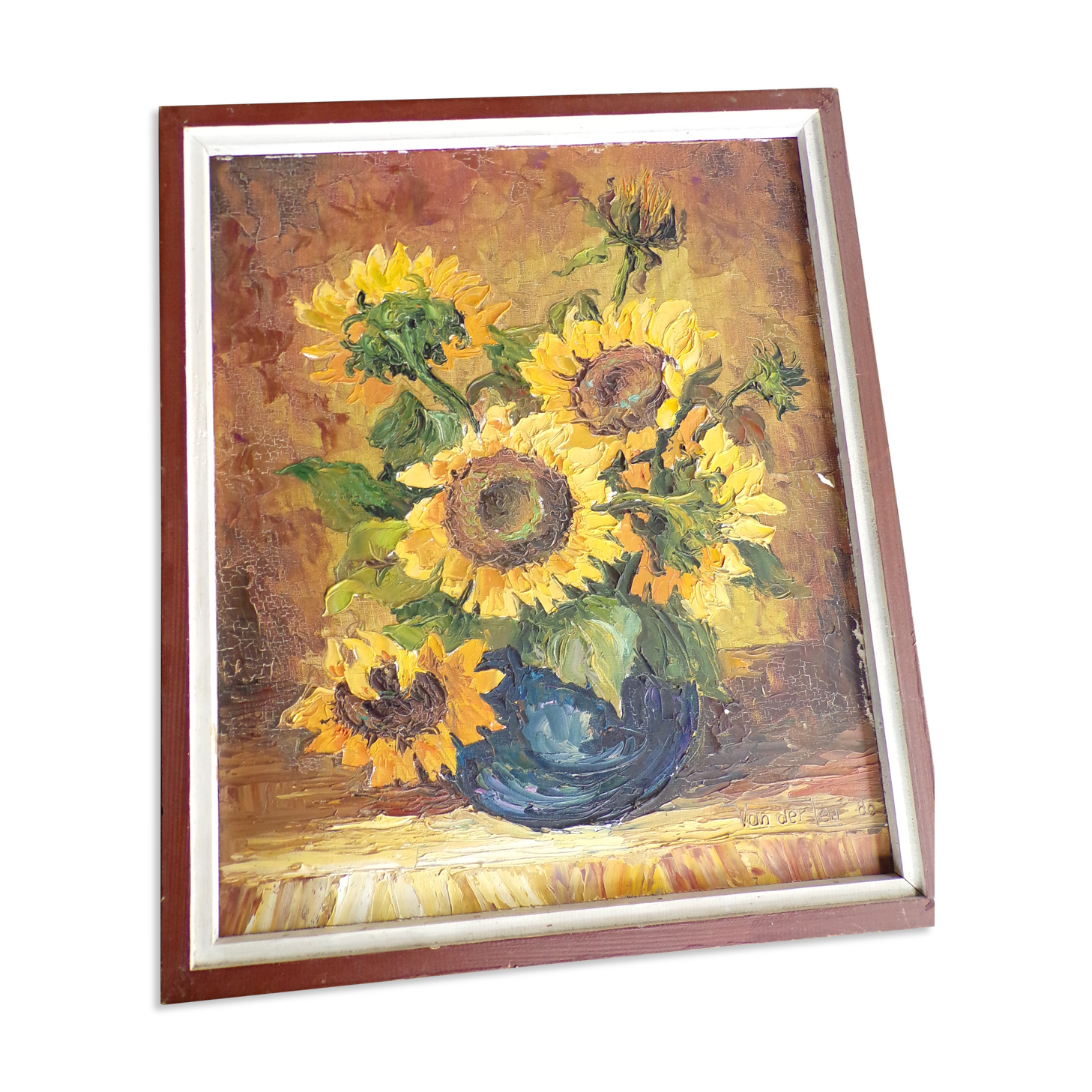 Oil on still life panel with sunflowers