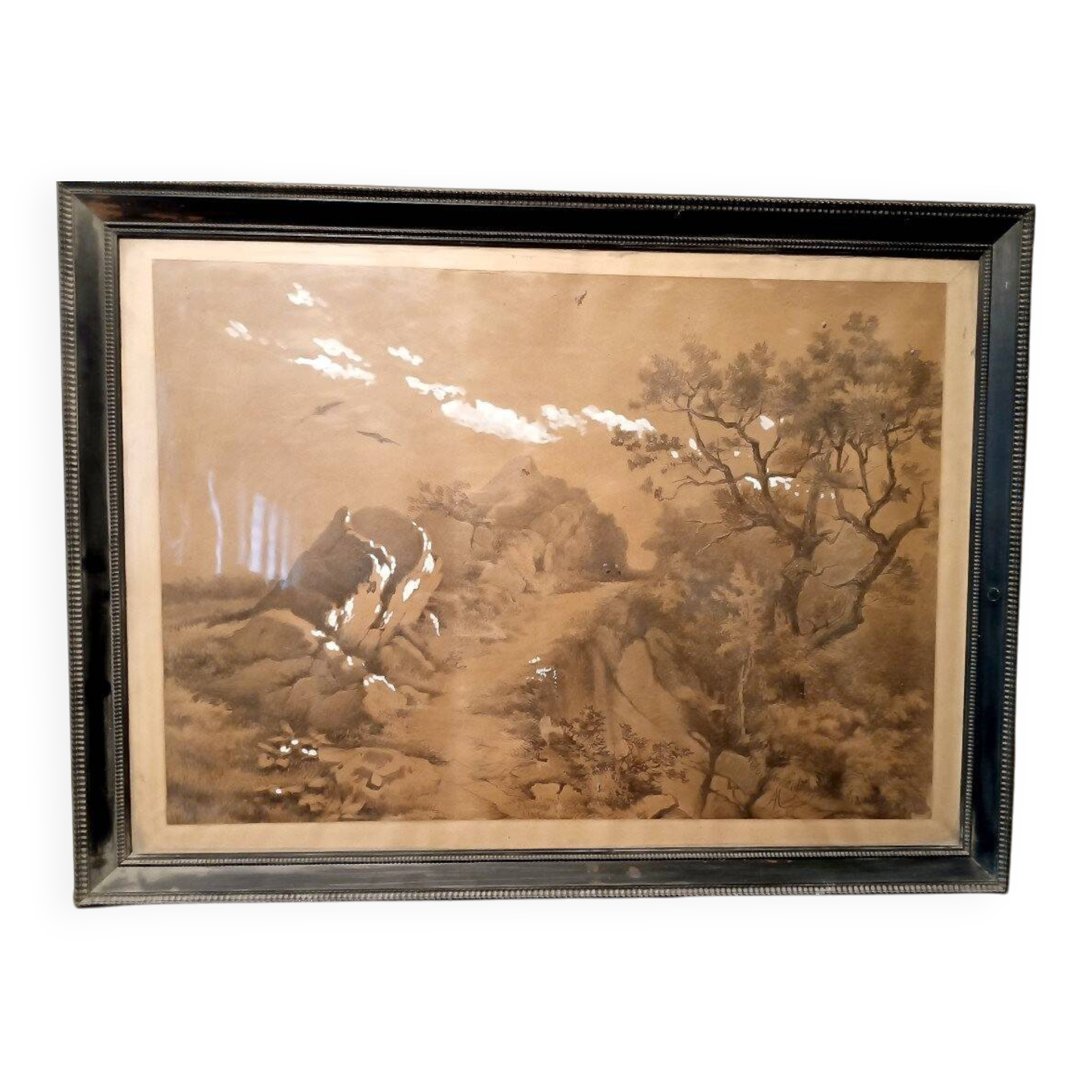 Grande peinture de paysage, techniques mixtes, 19e siècle