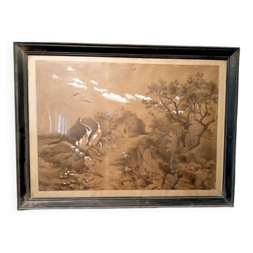 Large landscape painting, mixed media, 19th century