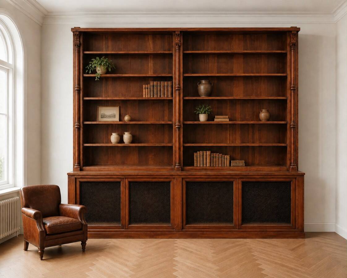 Imposing two-body buffet/library in solid oak and walnut from the Napoleonic III period.