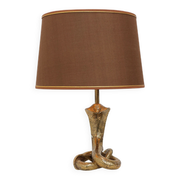 Hollywood Regency Brass Cobra Table Lamp with Brown Shade, France, 1970s