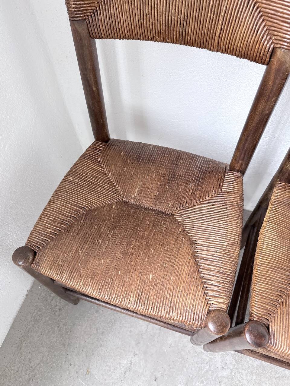 Set of 6 straw and oak Beauche chairs.