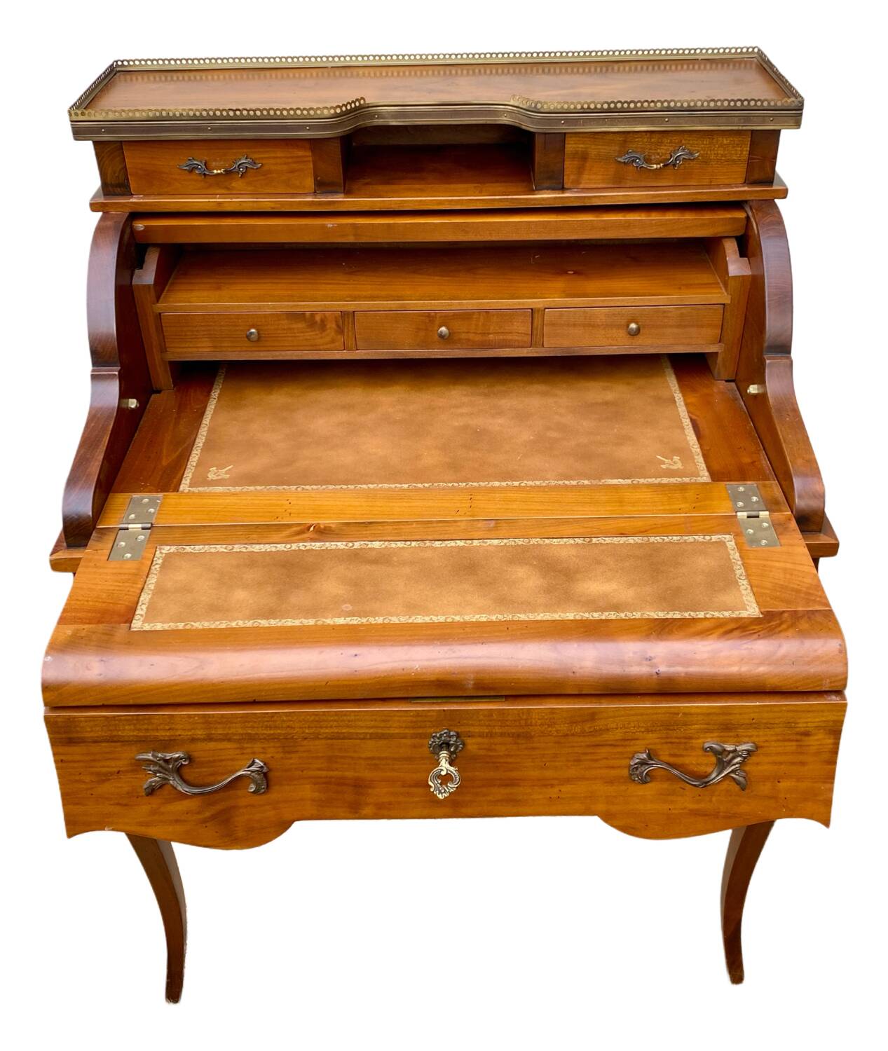 Secrétaire bureau à cylindre de style Louis XV, 6 tiroirs