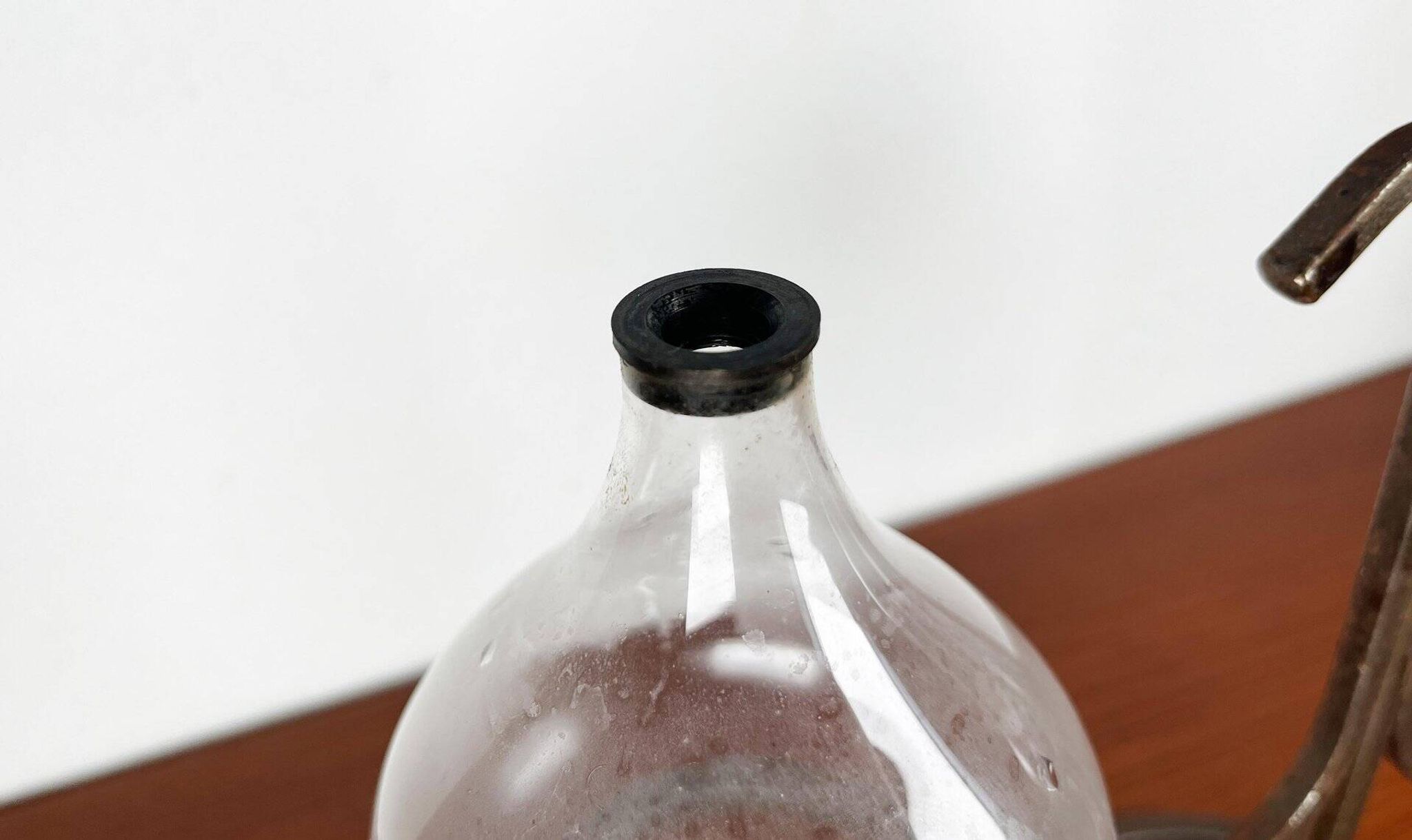 Mid-century Danish wrought iron and glass table oil lamp, 1960s.