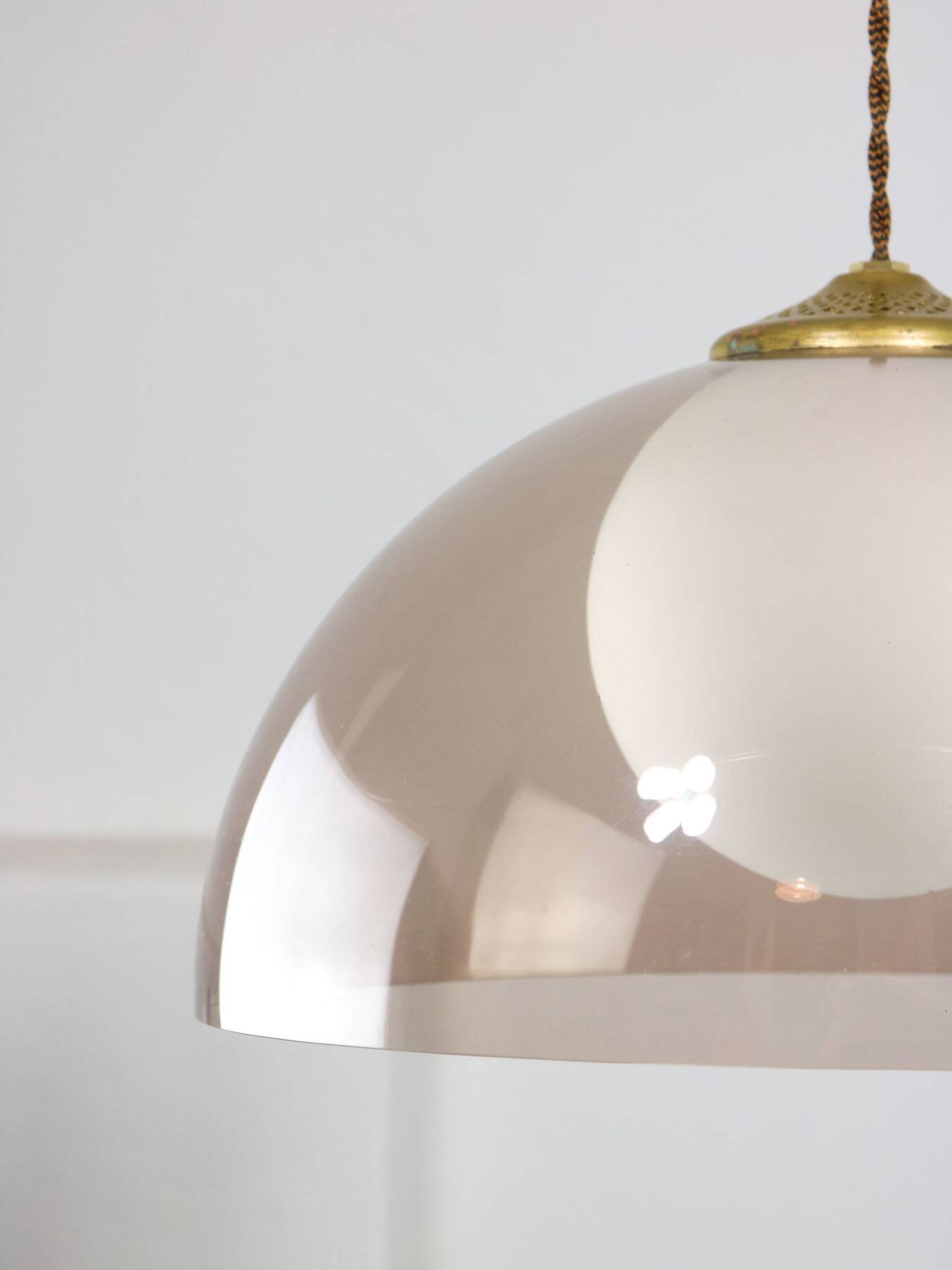 Space-age italian brass, opaline and plexiglass pendant lamp