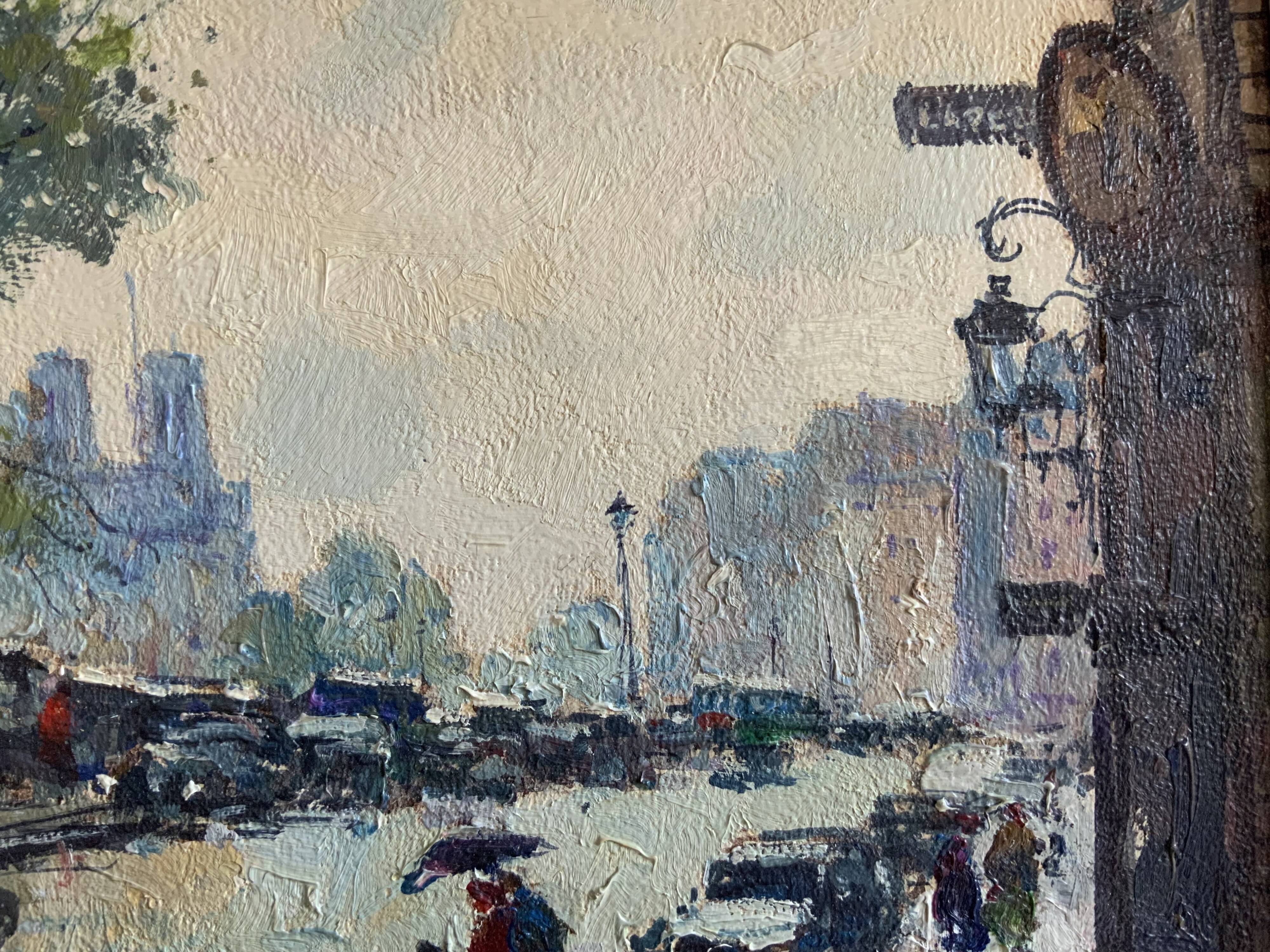 Huile sur toile vintage Notre Dame de Paris, scène de rue sous la pluie, signée 1950