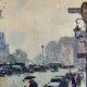 Huile sur toile vintage Notre Dame de Paris, scène de rue sous la pluie, signée 1950
