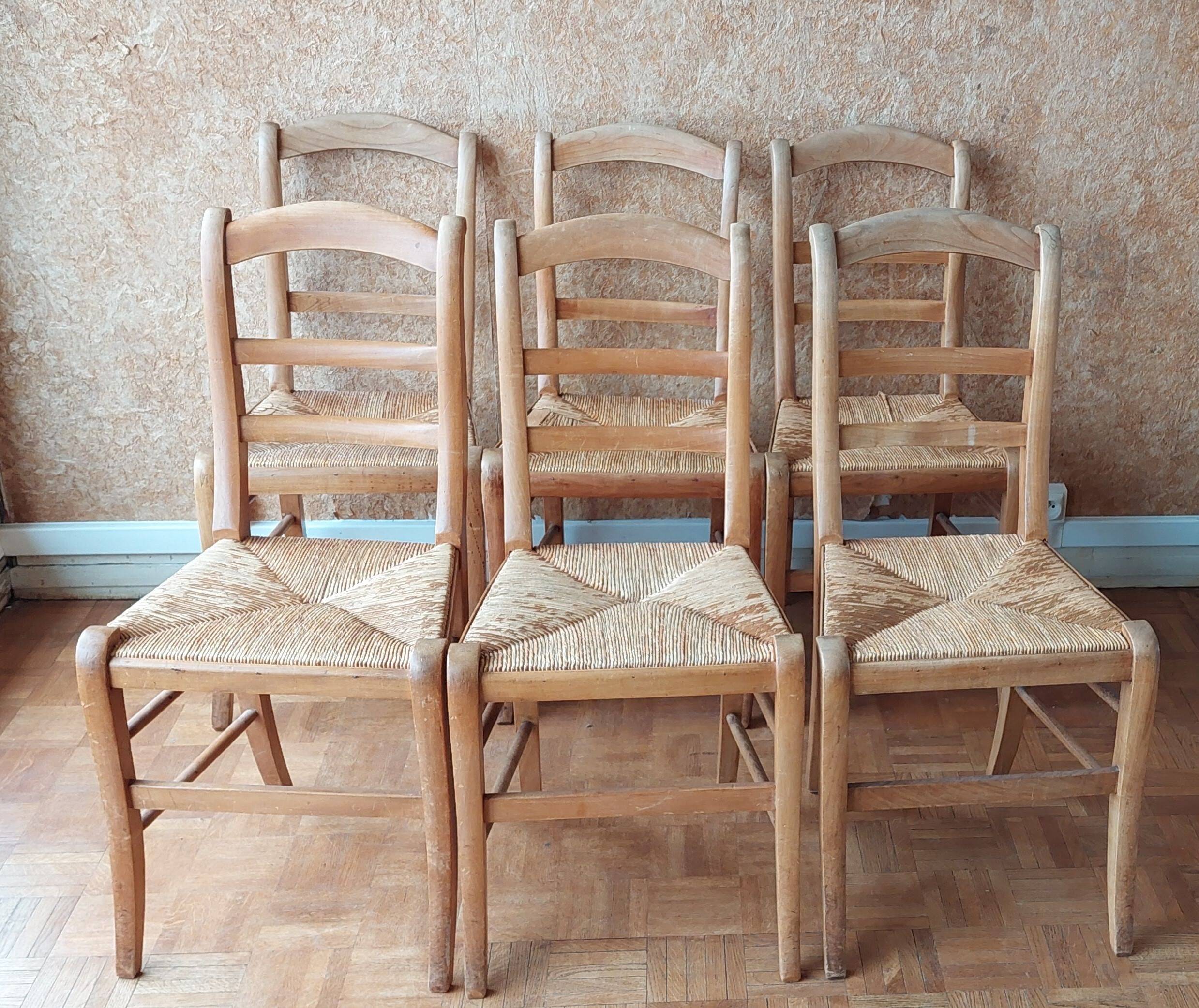 Set of 6 straw chairs in Louis Philippe style cherry wood