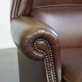 Large Dark Brown Cowhide Leather Wingback Chair
