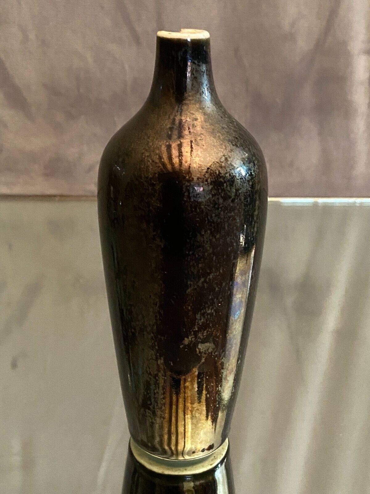 Iridescent ceramic soliflore vase early XXth GDV Bruère Girault Demay Vignolet