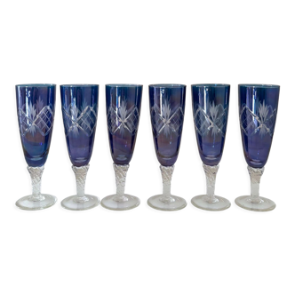 6 coupes à champagne colorées verres en cristal bleu irisé