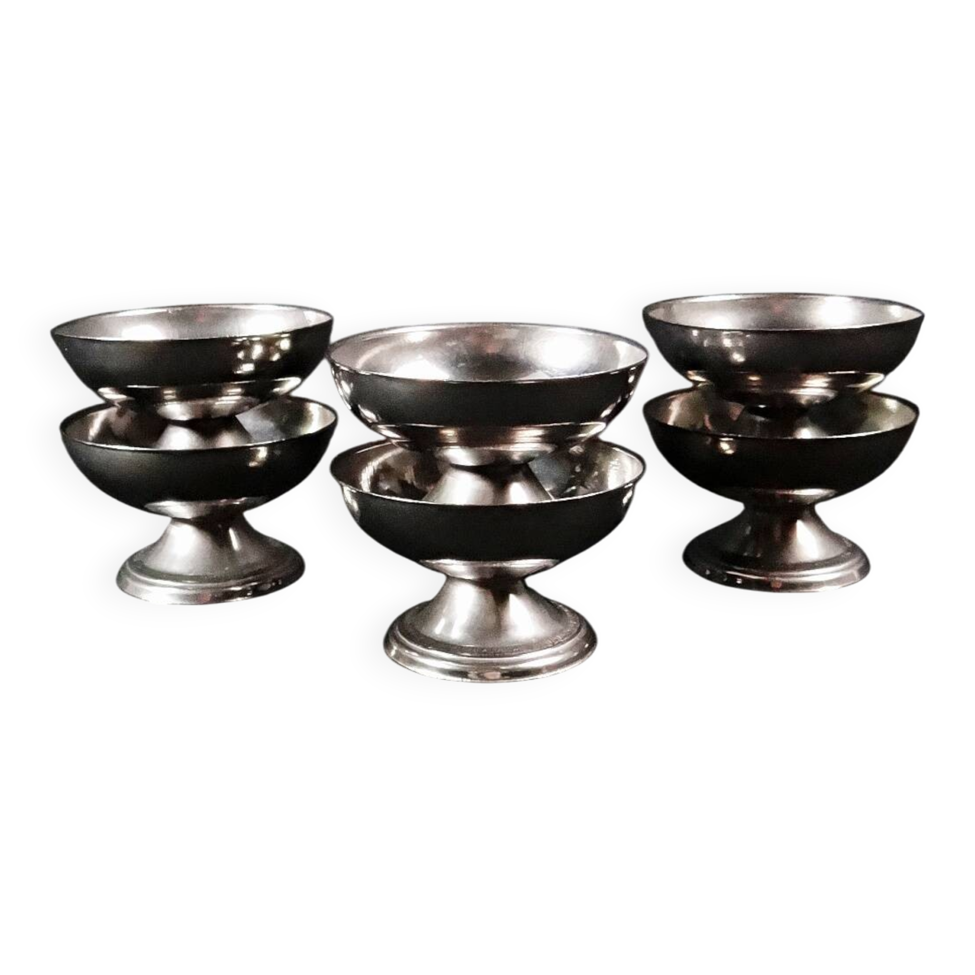 6 stainless steel ice cream cups on a stand, vintage dessert service