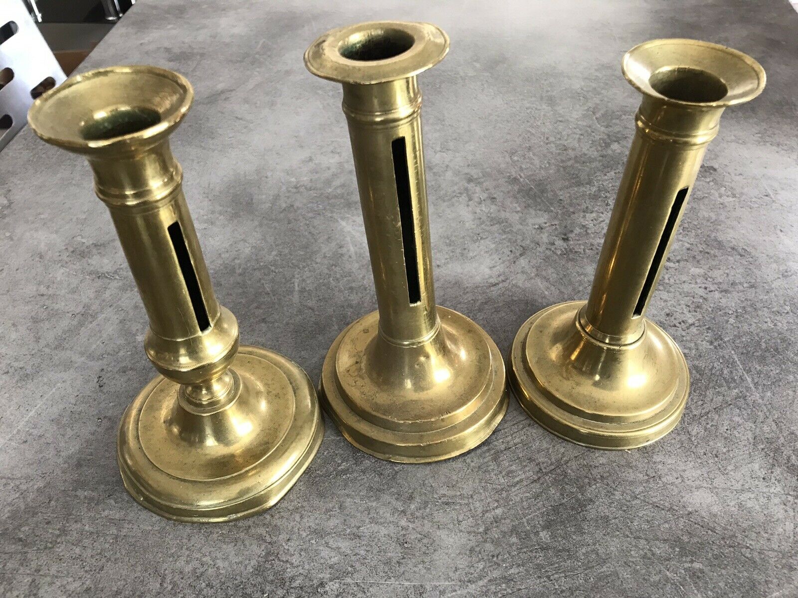Set of 3 old brass copper zipper candlesticks