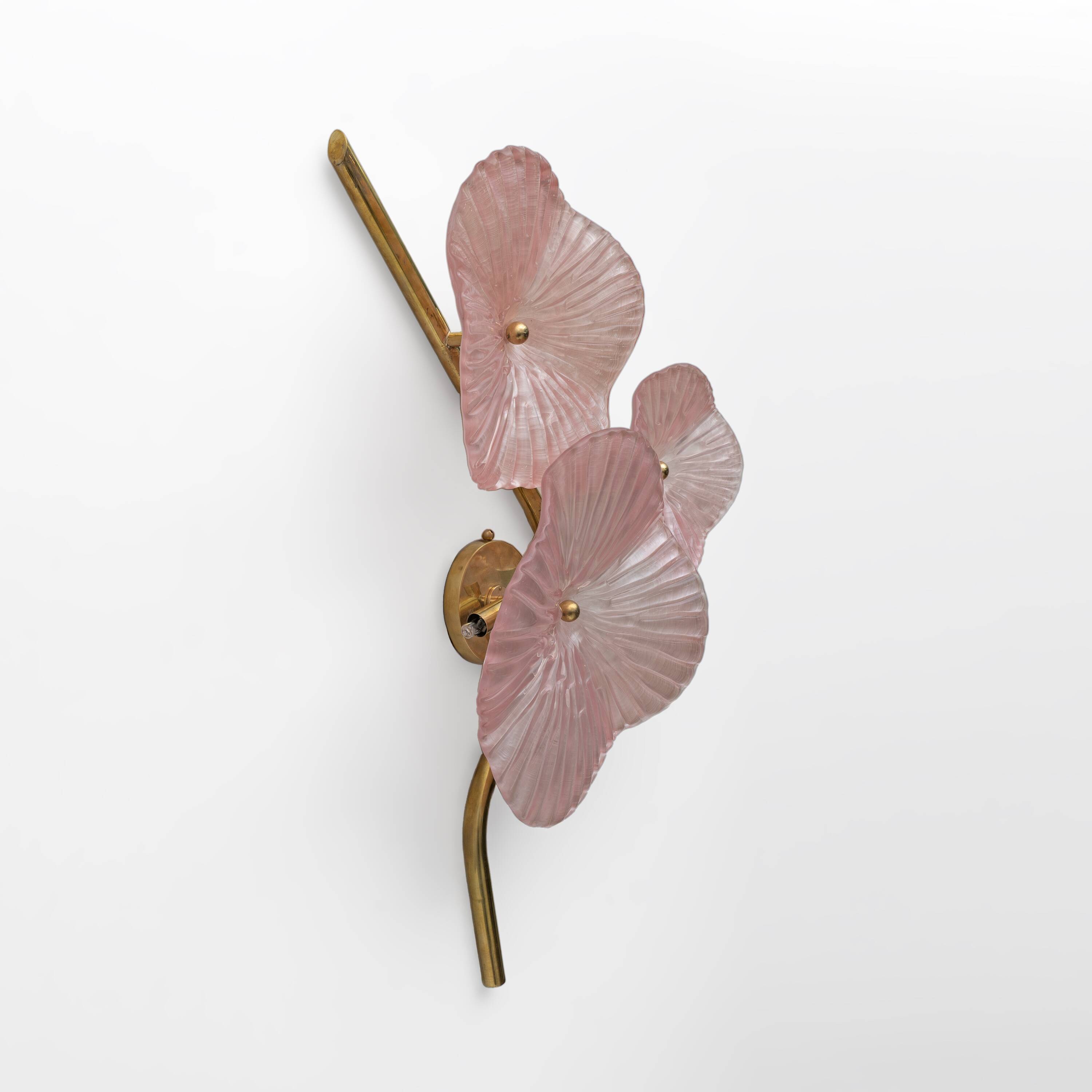 Pair of pearly pink Murano glass and brass wall lights