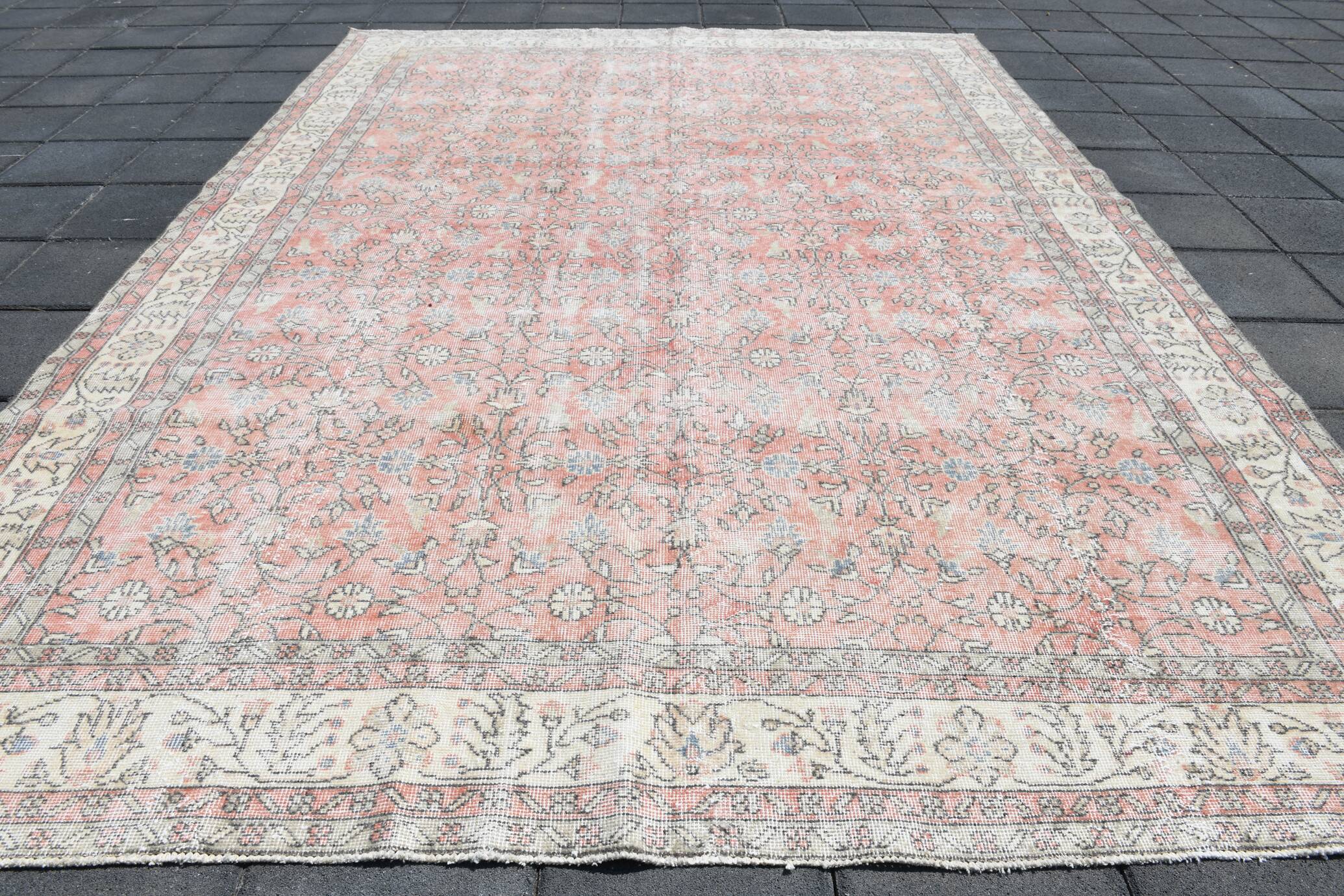 Soft Pink Oversize Vintage Turkish Floral Carpet Rug, 219x313 Cm