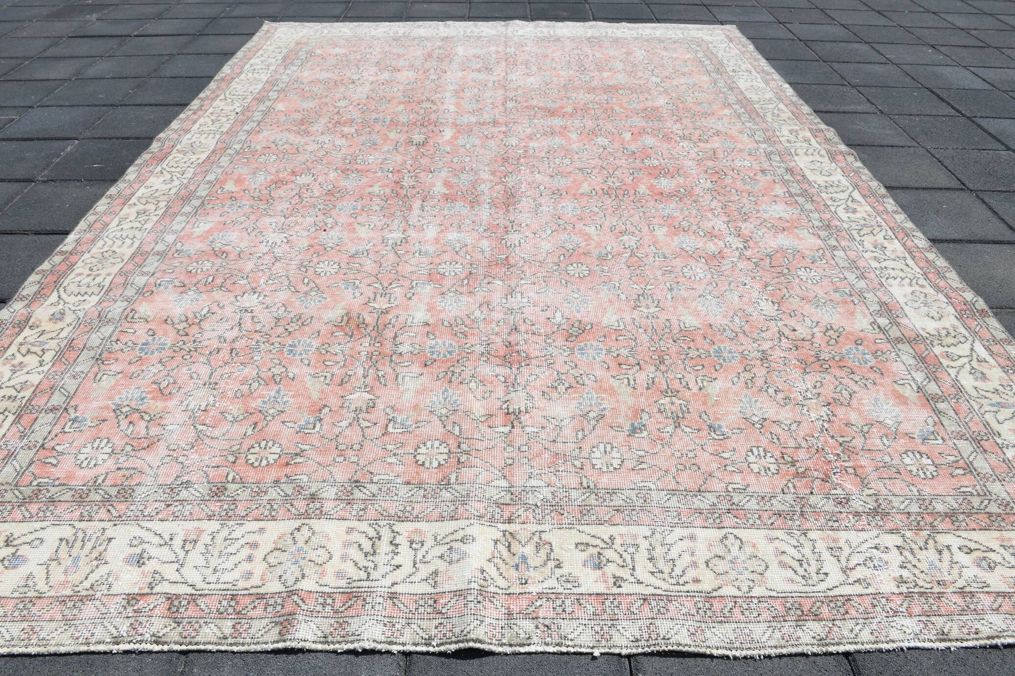 Soft Pink Oversize Vintage Turkish Floral Carpet Rug, 219x313 Cm
