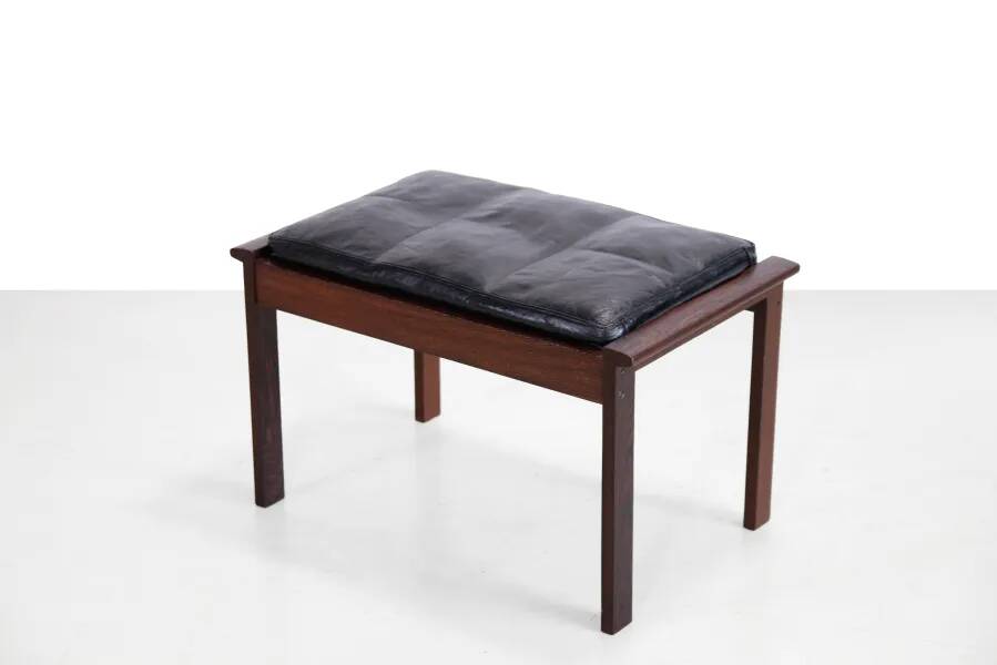 Footstool in solid wenge wood with black leather cushion, 1960