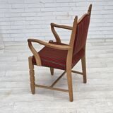 1970s, Danish armchair, striped red furniture wool, solid oak wood.