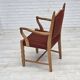 1970s, Danish armchair, striped red furniture wool, solid oak wood.