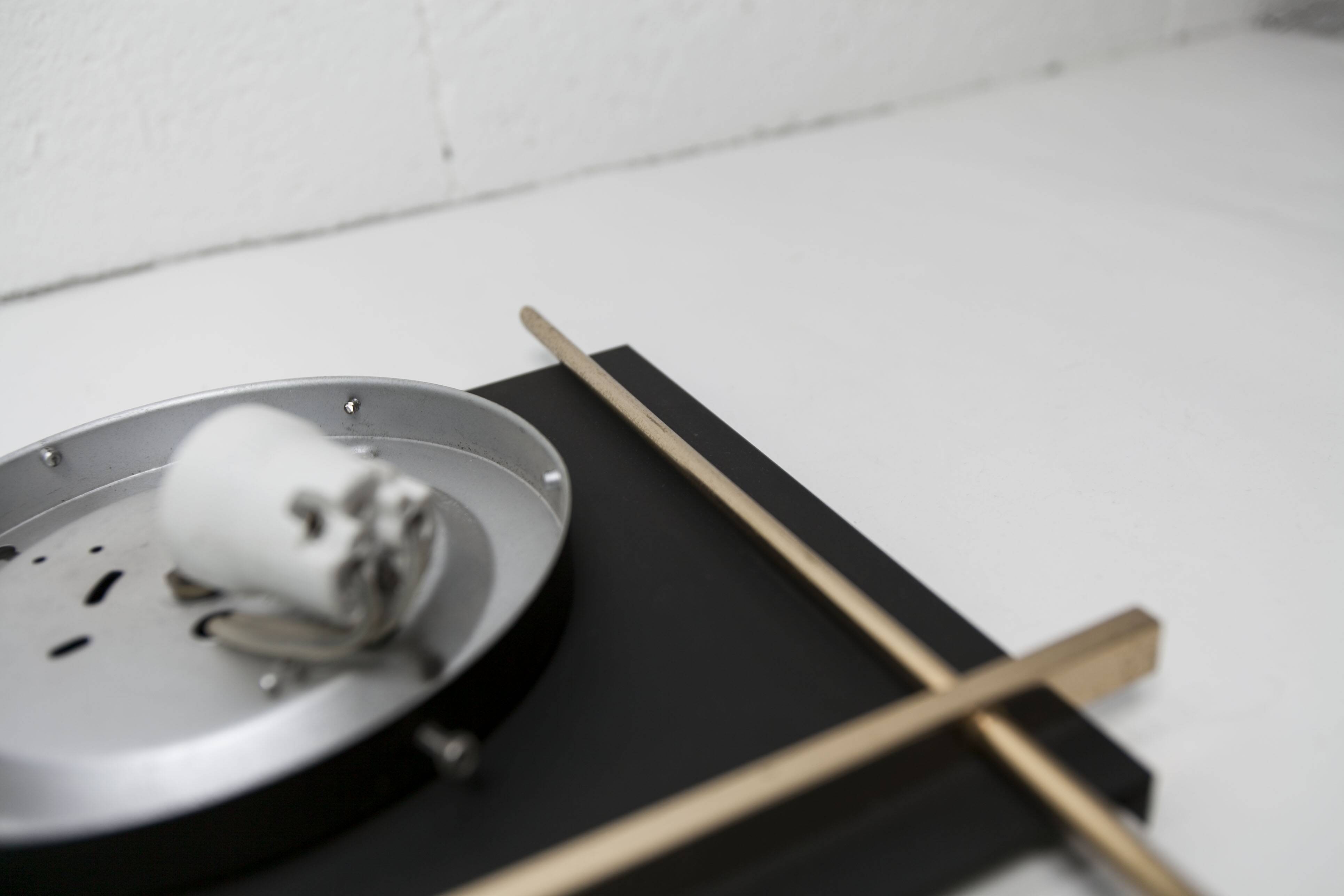 1960 wall light, black metal glass and gold brass rods