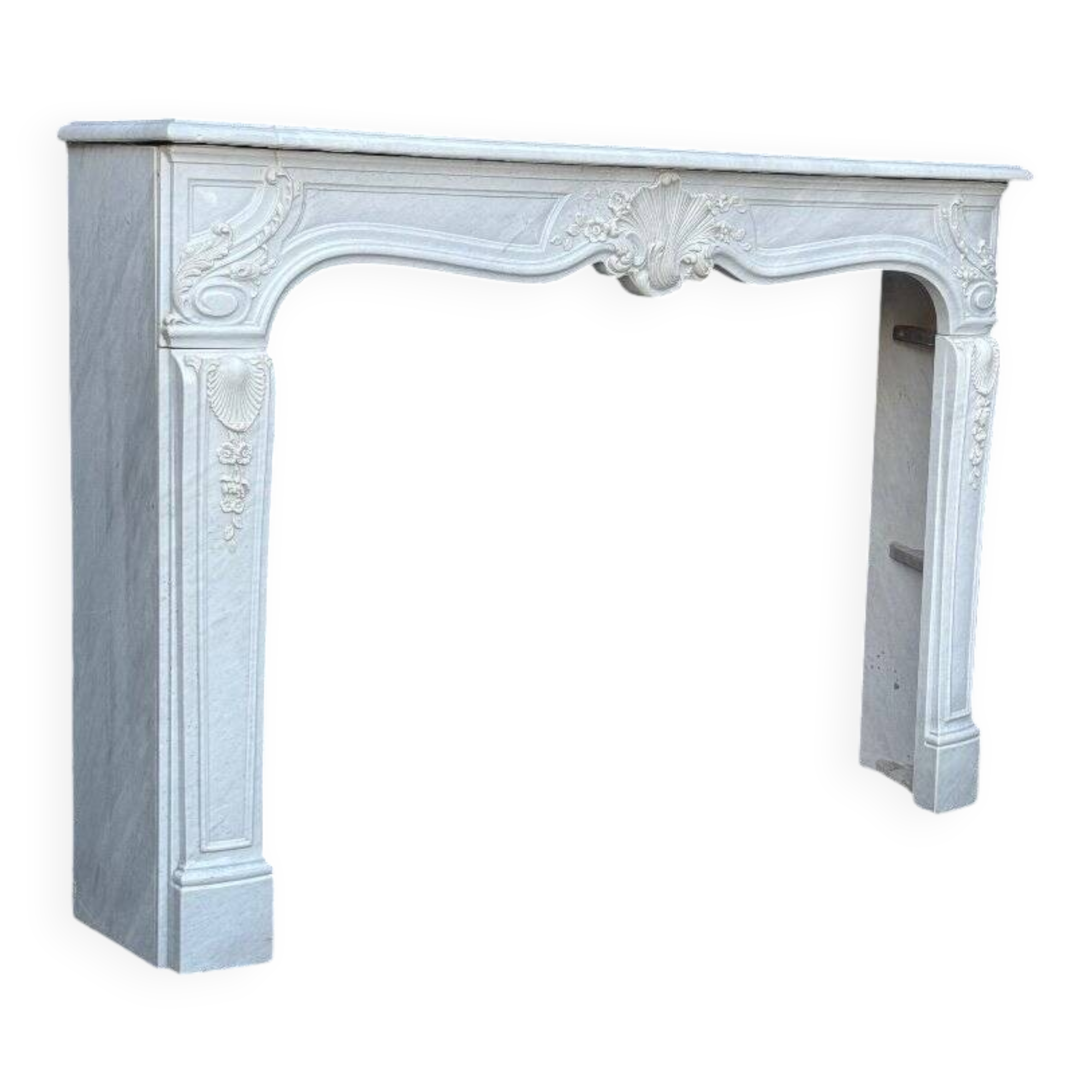 Louis XV style fireplace in grey and white Carrara marble circa 1980