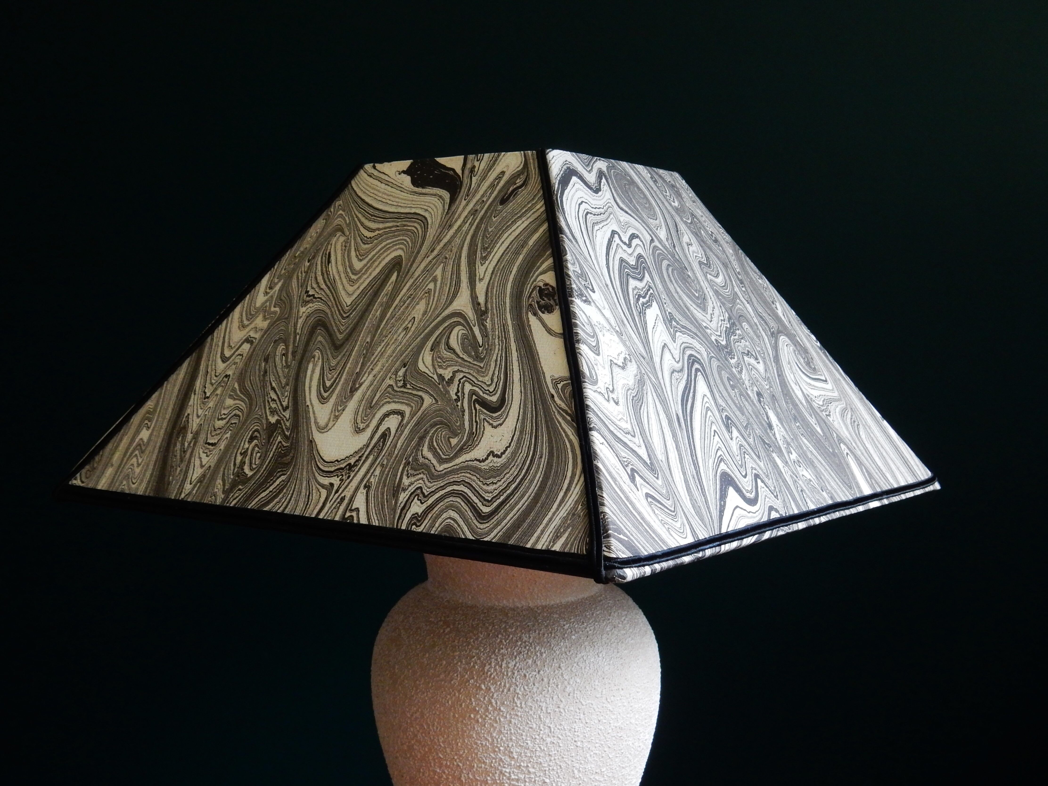 Vintage granite foot lamp and pyramid lampshade in marbled paper