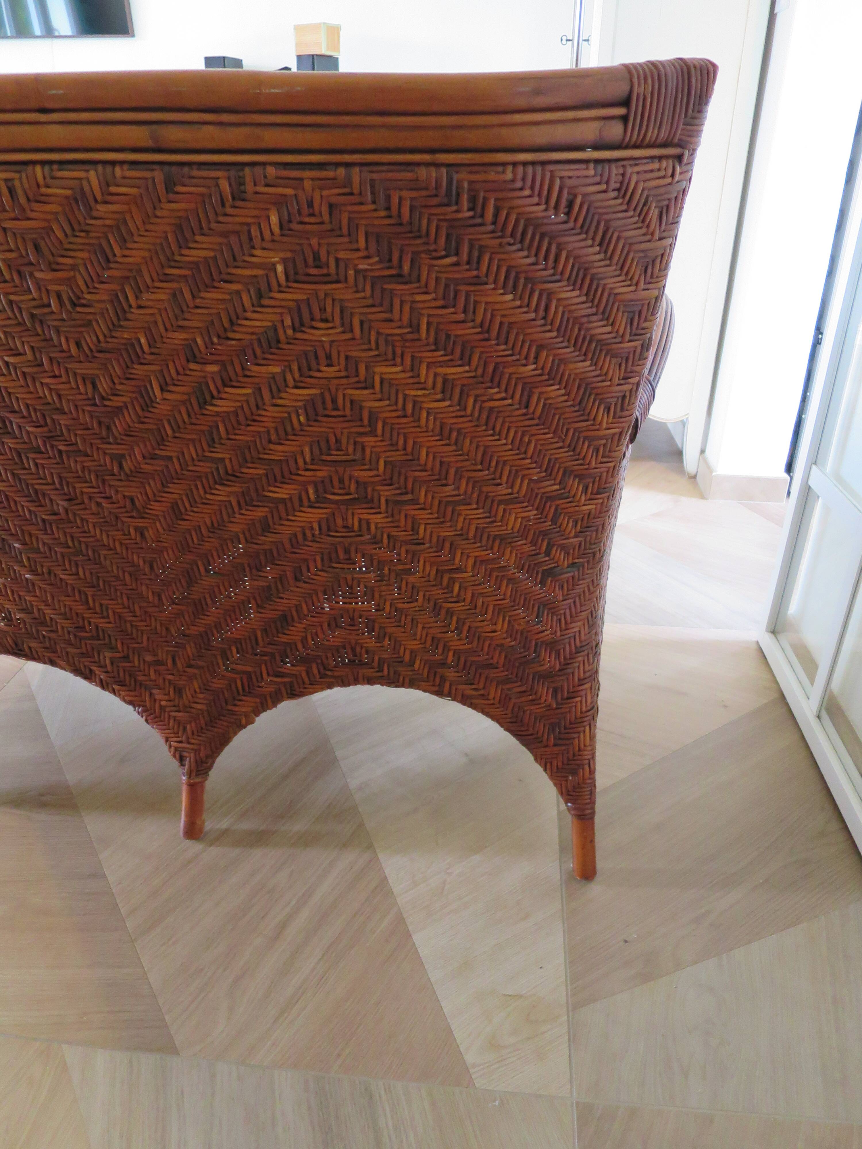 Two-seater banquette in woven rattan, wood and bamboo, 1980s.