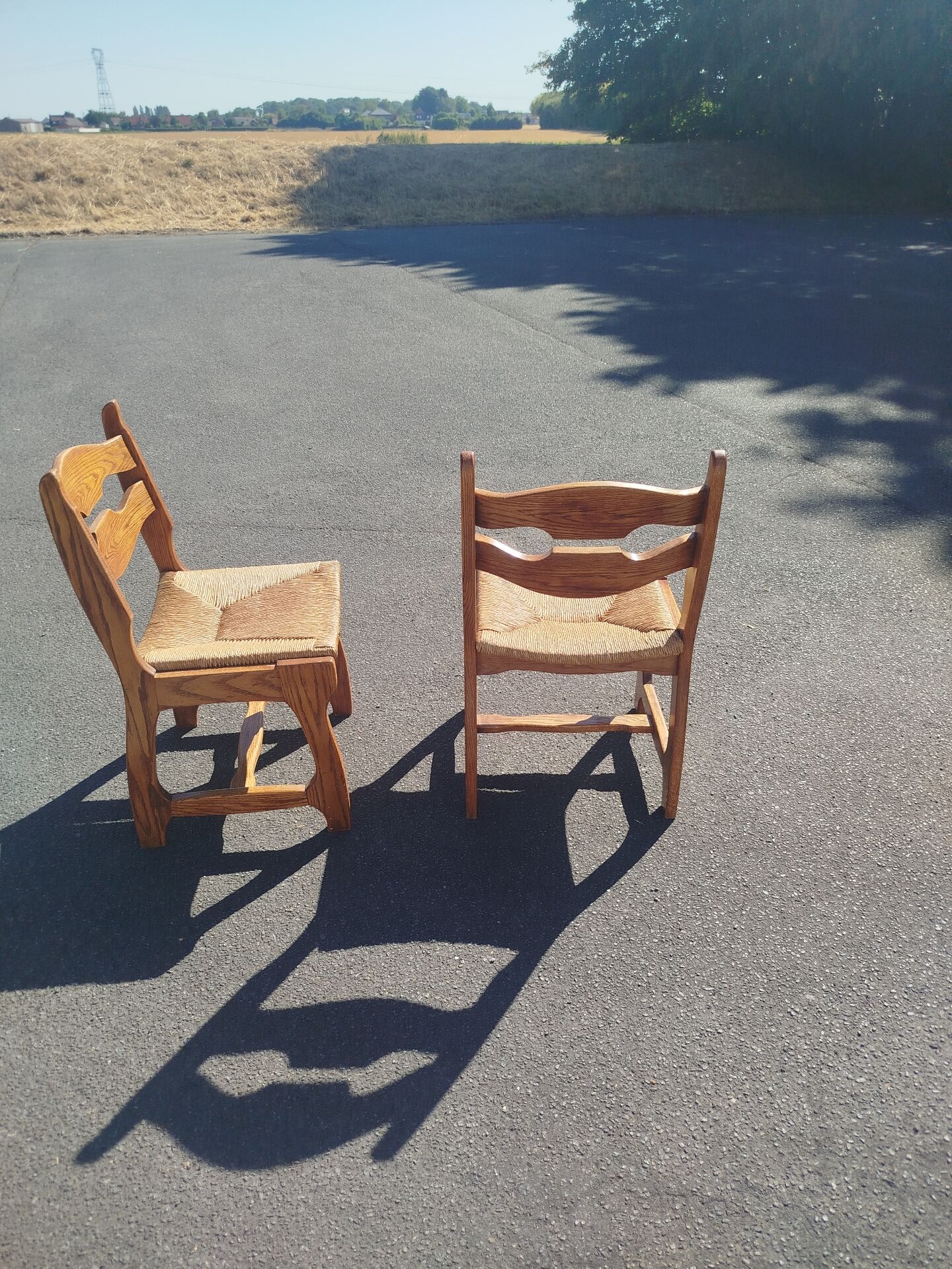 Pair of Brutalist Guillerme and Chambron Chairs in Solid Oak with Wove