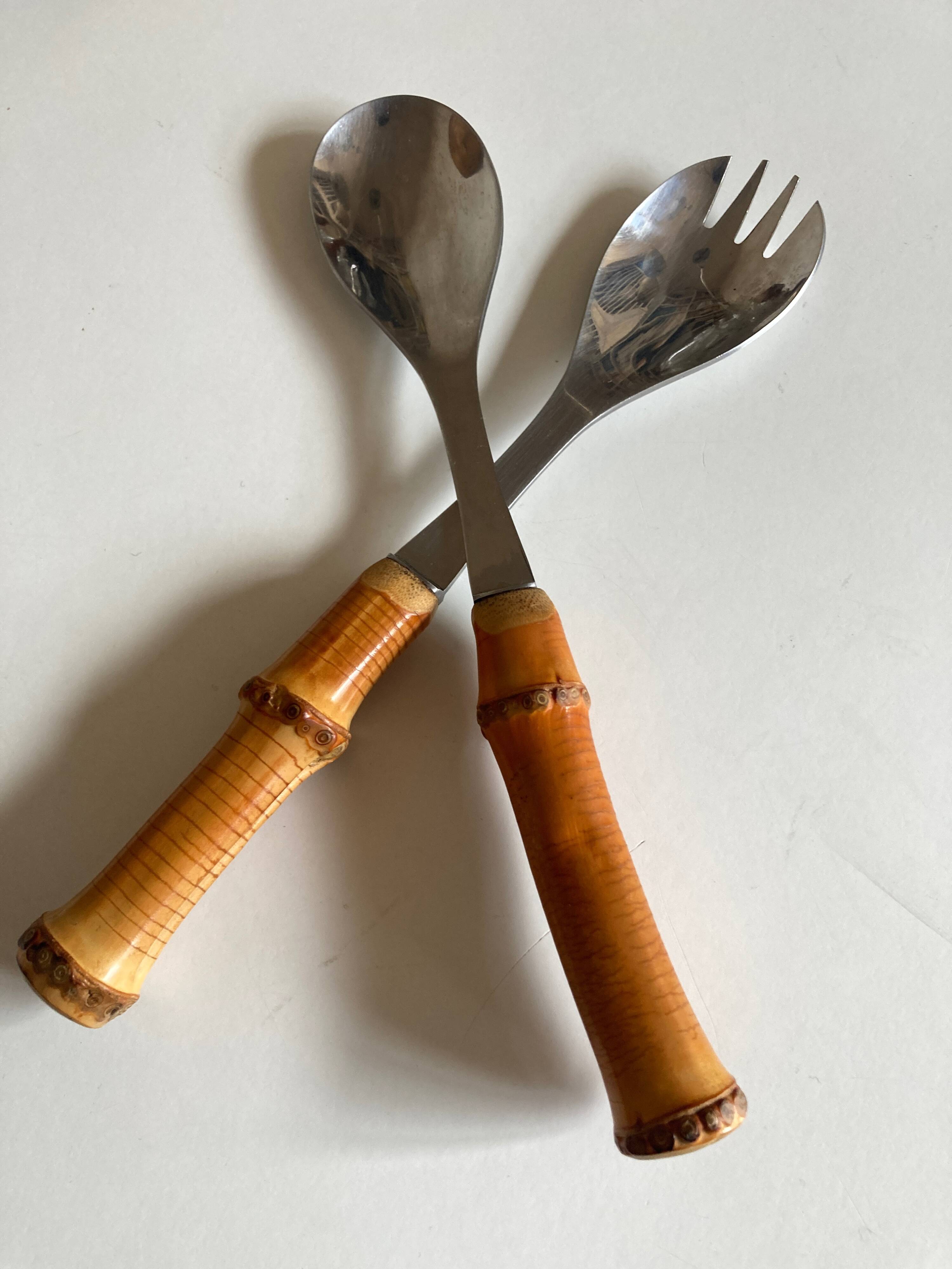 Pair of bamboo handle salad servers 1960
