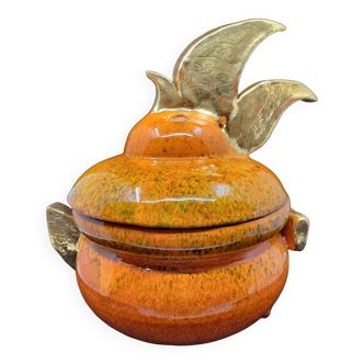 Gérard Crociani soup tureen in orange zoomorphic French ceramic gilded with fine gold Vallauris