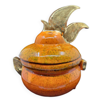 Soupière Gérard Crociani en céramique orange zoomorphe Francaise dorée à l'or fin  Vallauris