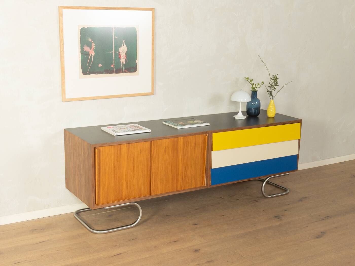 Exclusive mid-century style sideboard with stainless steel base, 1960s