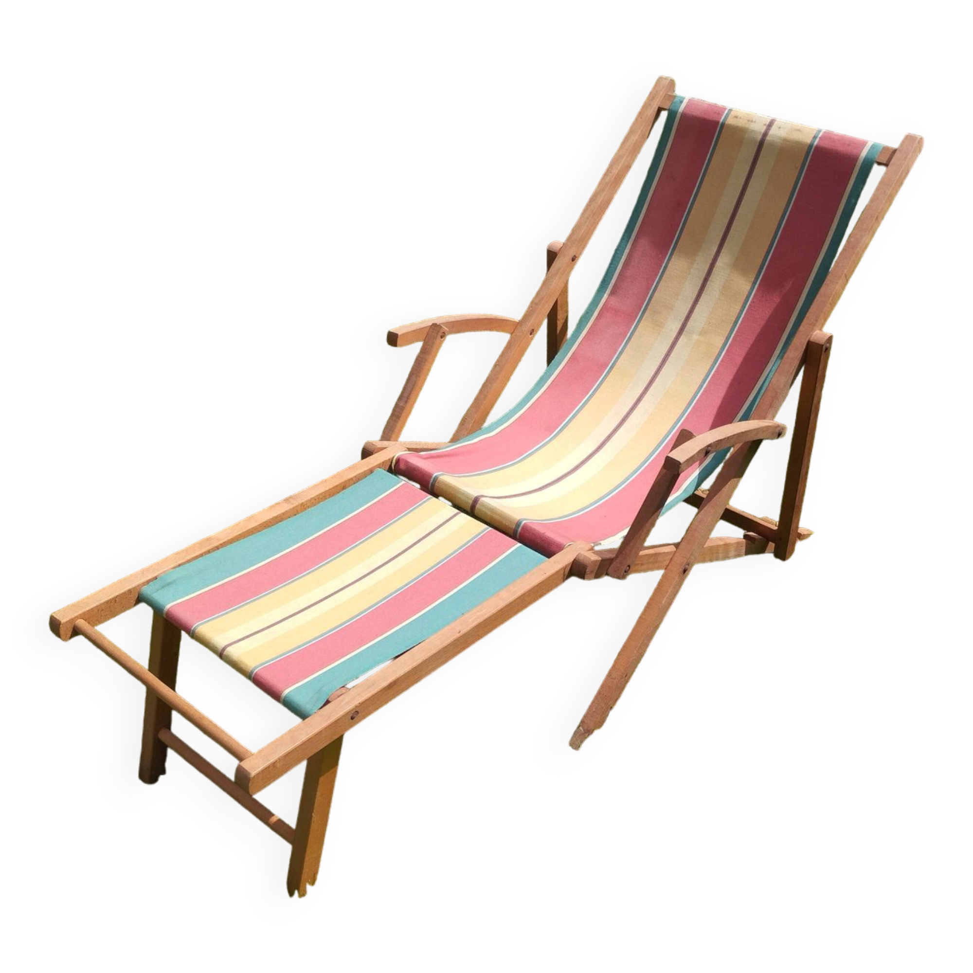 Vintage children's deckchair, sun lounger, striped canvas, 1960-1970.