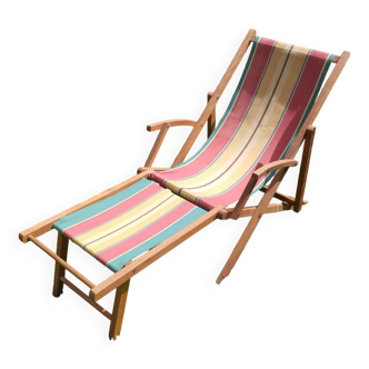 Vintage children's deckchair, sun lounger, striped canvas, 1960-1970.