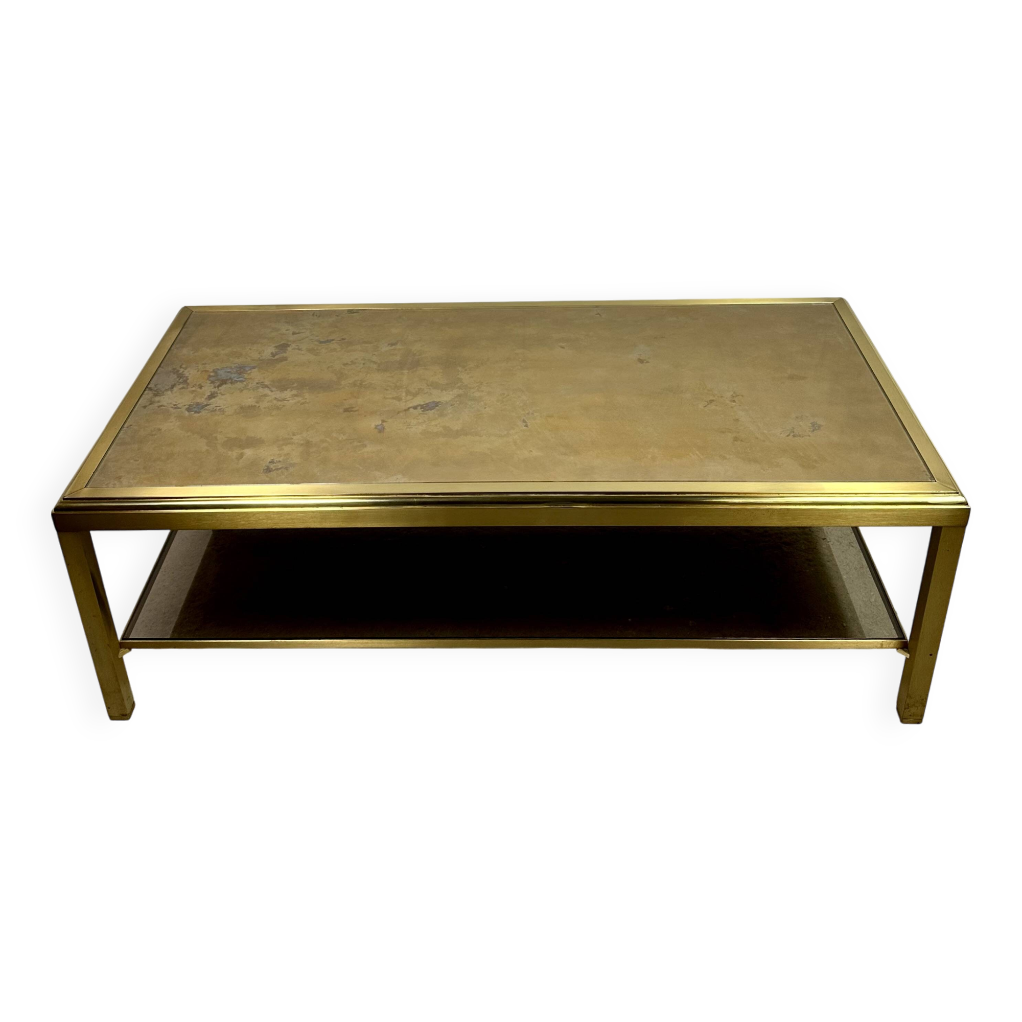 Vintage 70'S Hollywood Regency Brass and Iridescent Glass Coffee Table