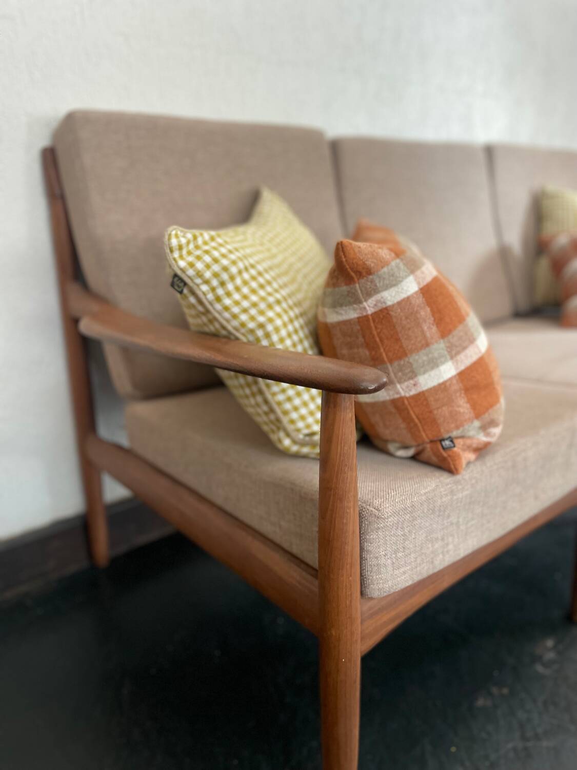 Vintage Scandinavian teak lounge — 3-seater sofa and two armchairs.