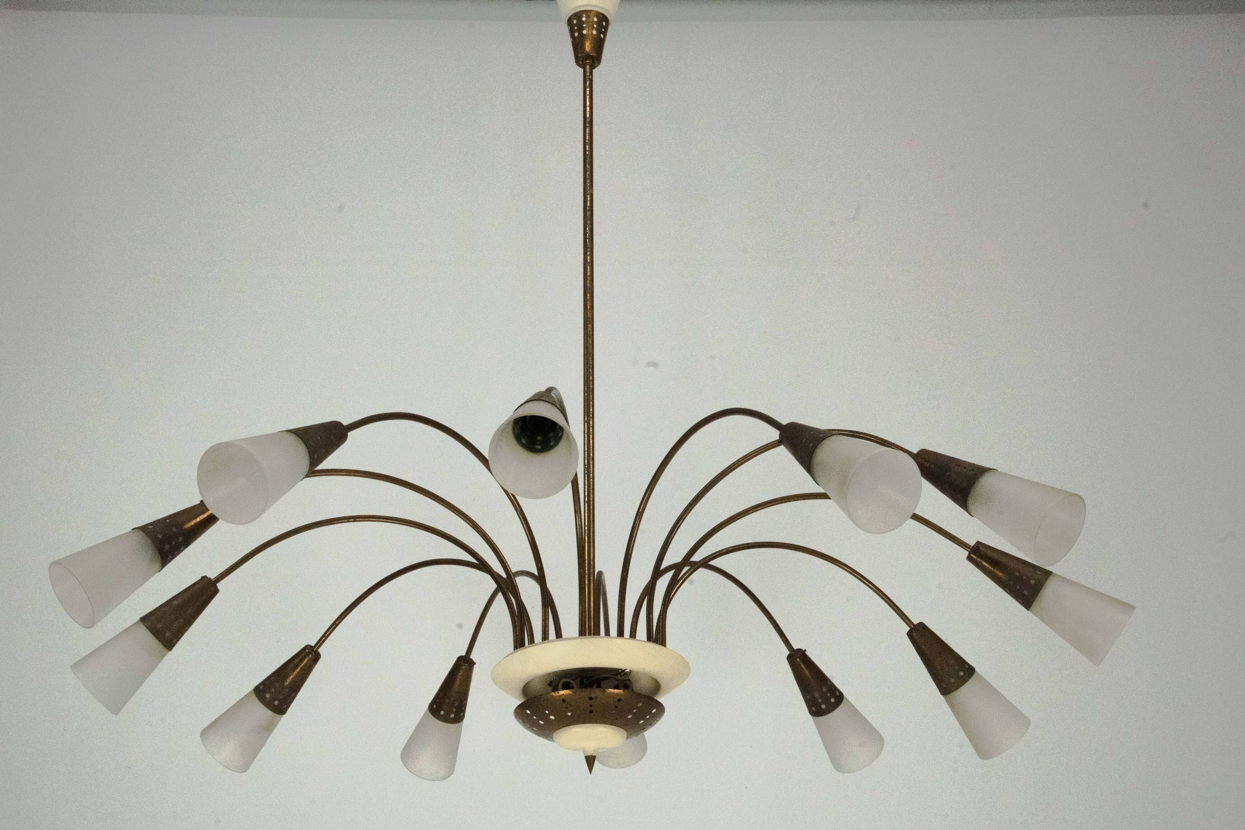 Large Italian Mid-Century Sputnik Brass Chandelier with Satin Glass, 1950s