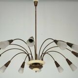 Large Italian Mid-Century Sputnik Brass Chandelier with Satin Glass, 1950s