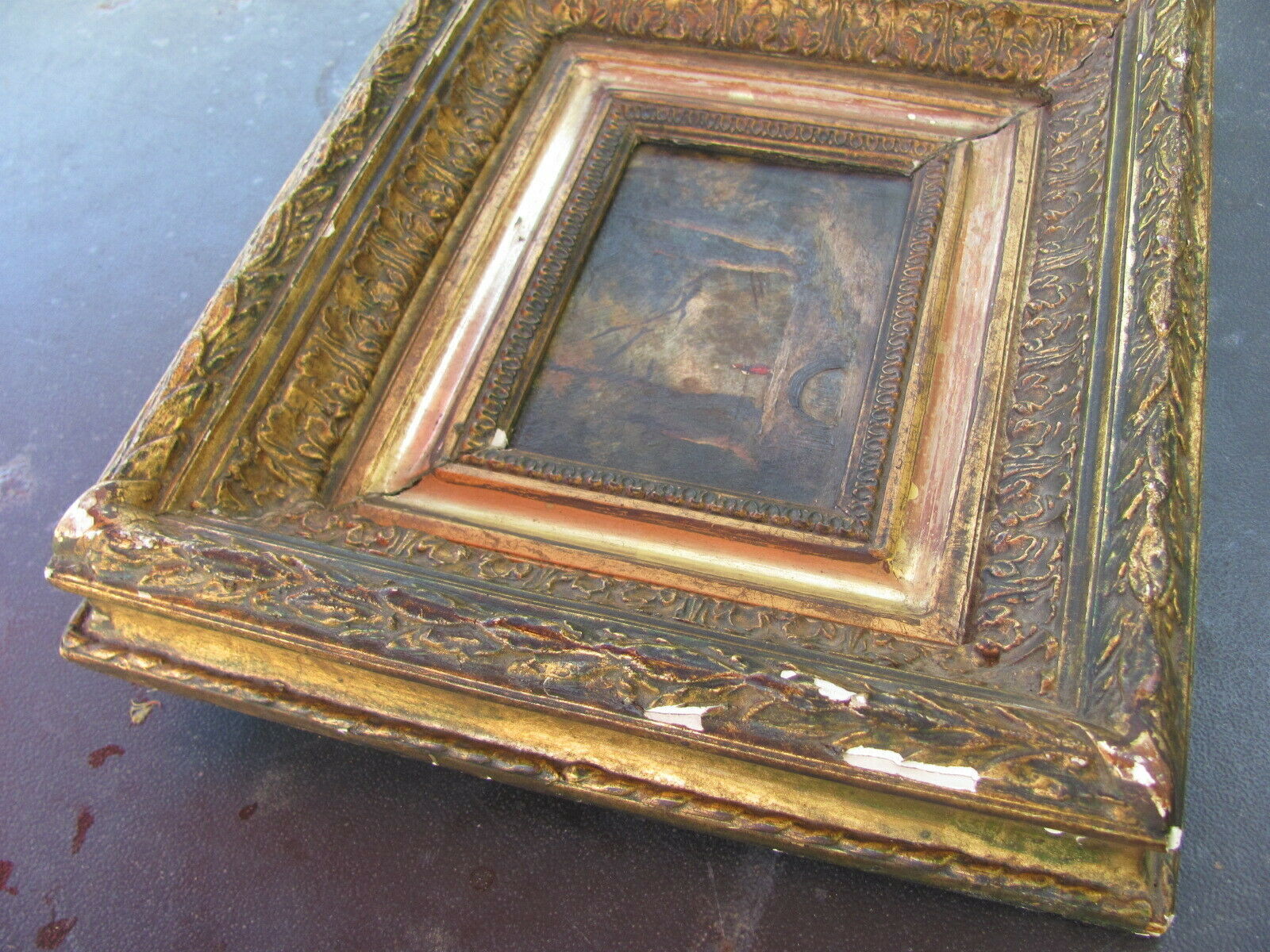 Oil on panel - dreamy young woman in a wooded gilded frame