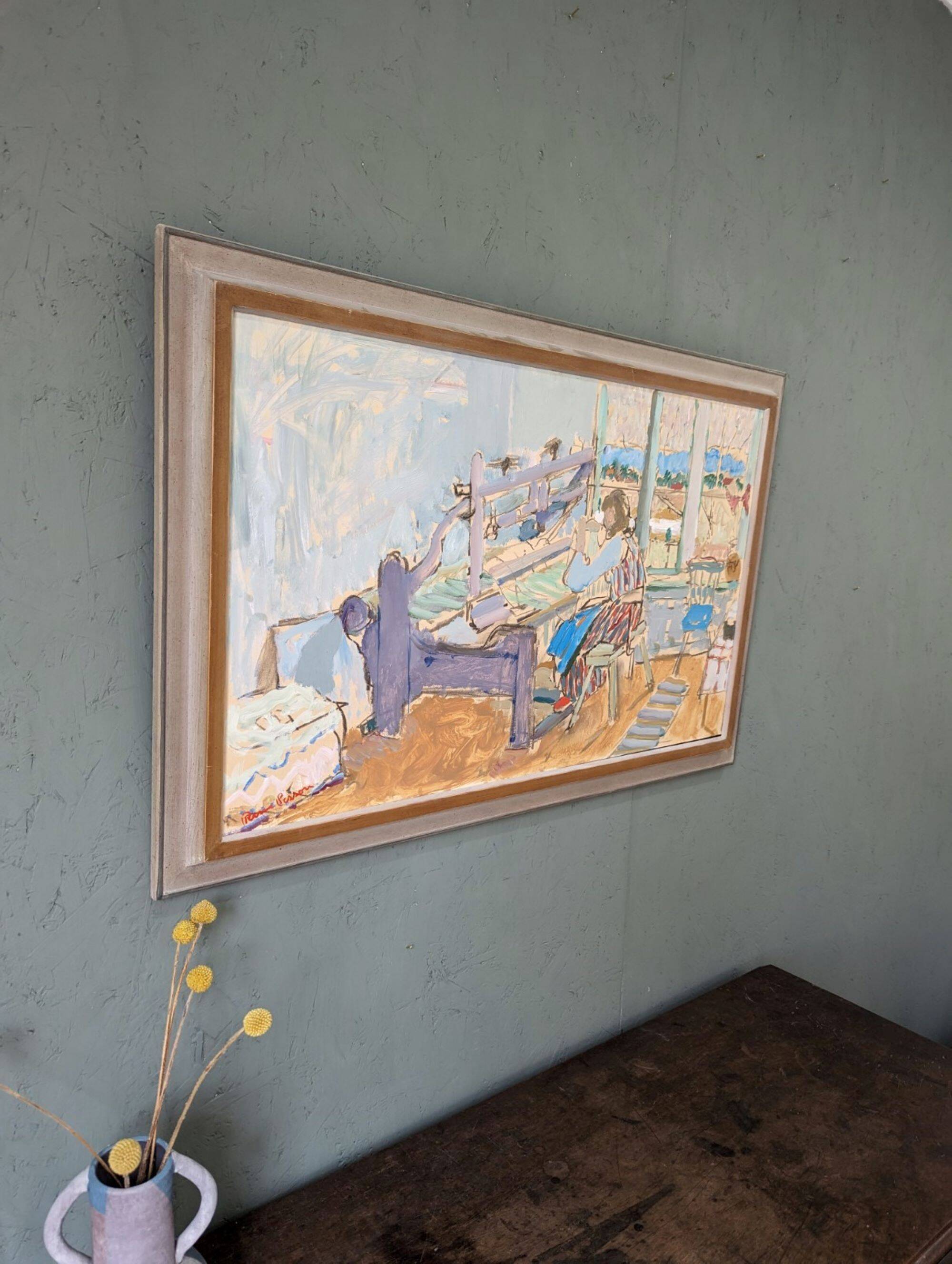 Mid-Century Modern "The Loom" Vintage Swedish Oil Painting, Figure in an Interior