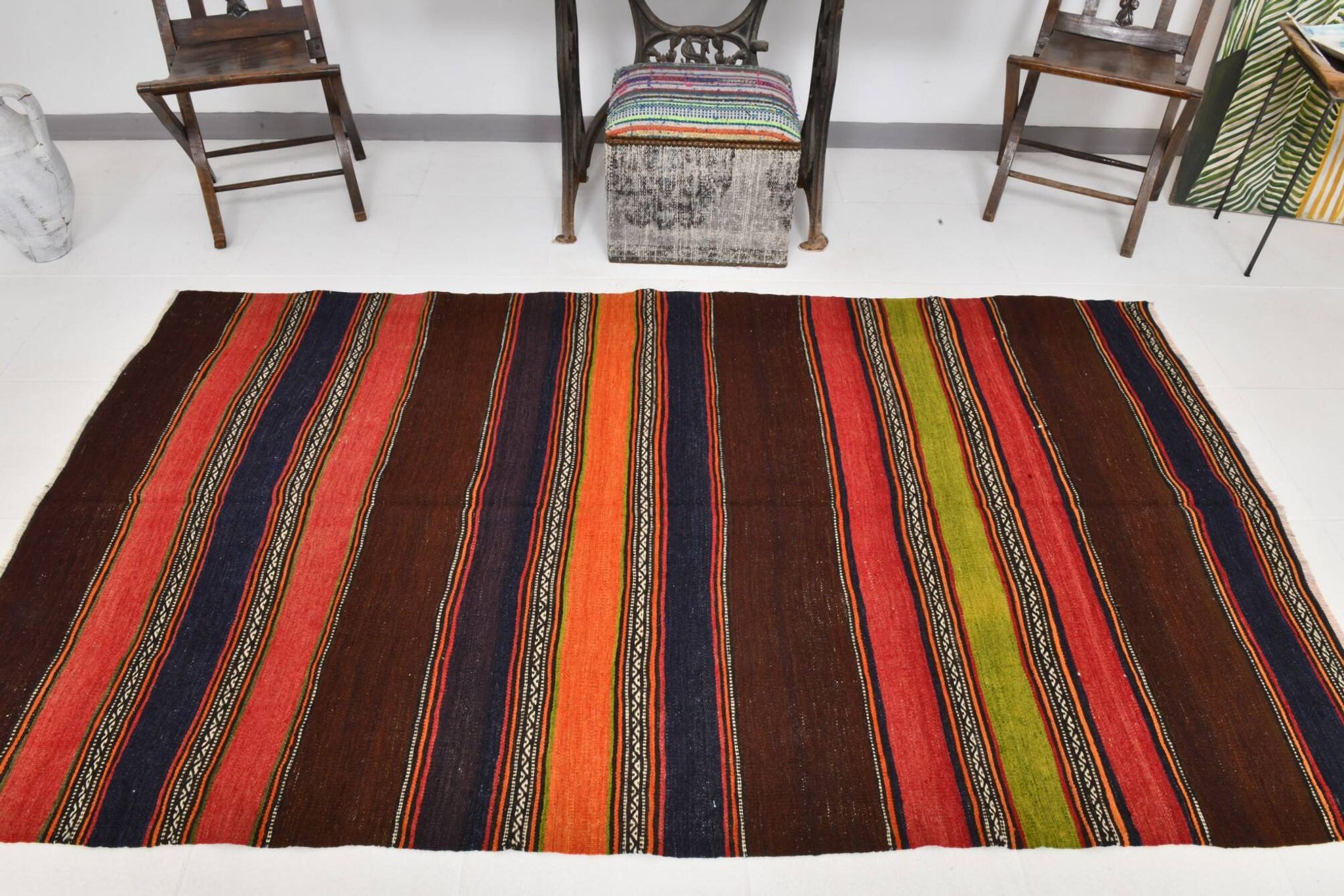 4x8 Brown & Blue Turkish Vintage Kilim Rug 139x245Cm SK 2314