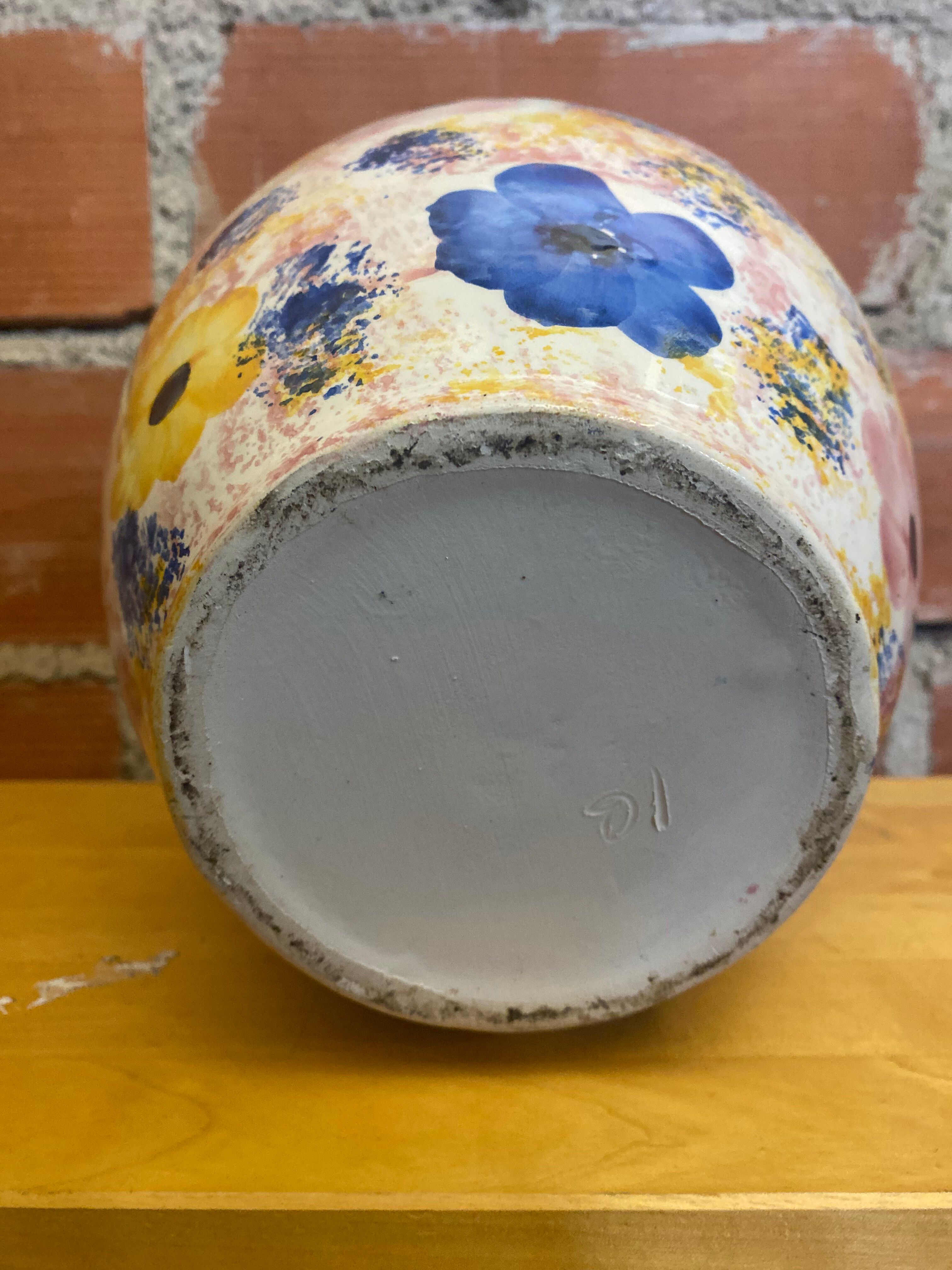 Vintage White Ceramic Round Vase with Polychrome Flower Decoration #D