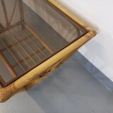 Vintage coffee table in smoked glass and rattan from the 70s