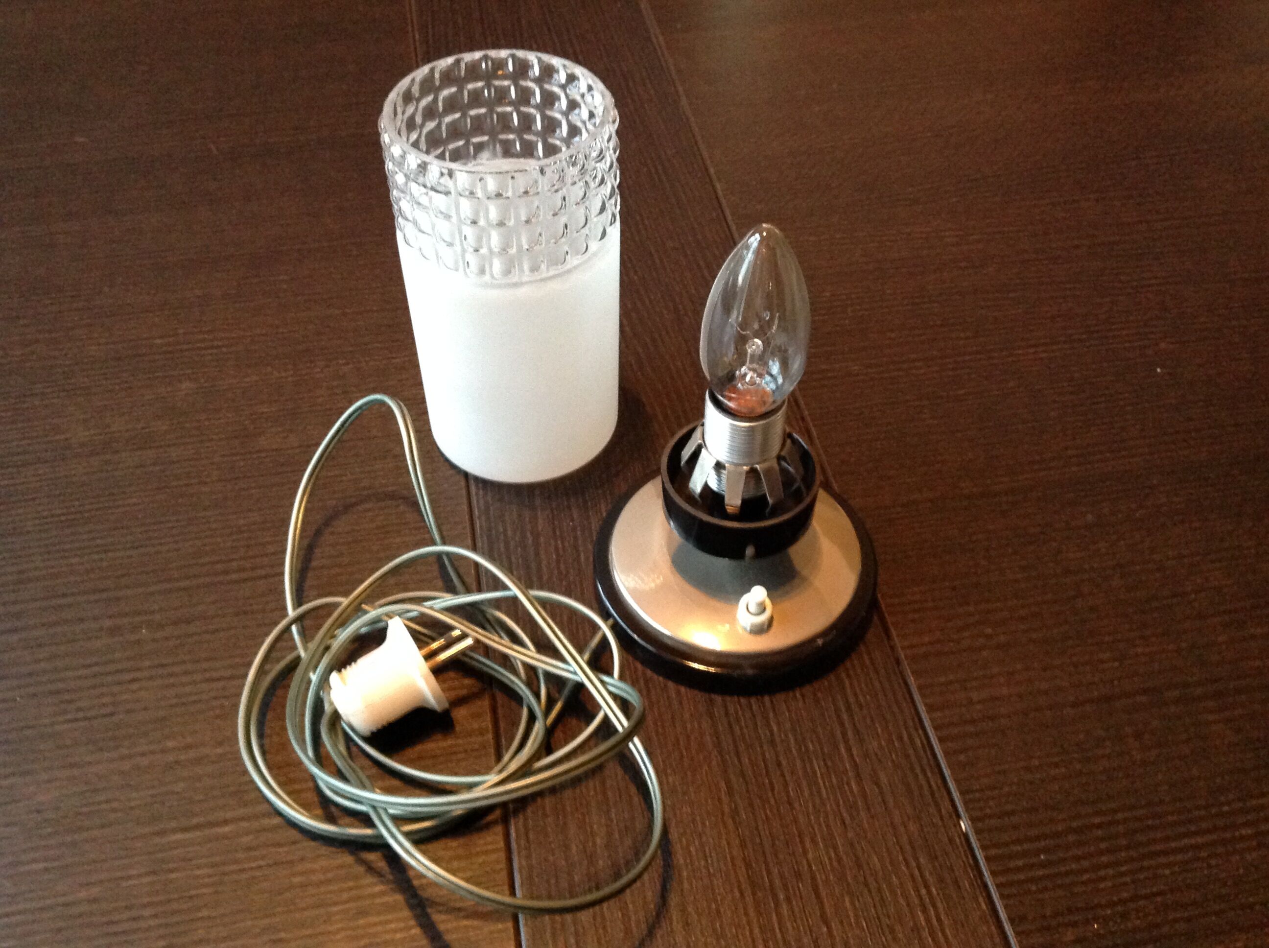 Tube bedside lamp with bi-material/vintage glass lampshade, 60/70s