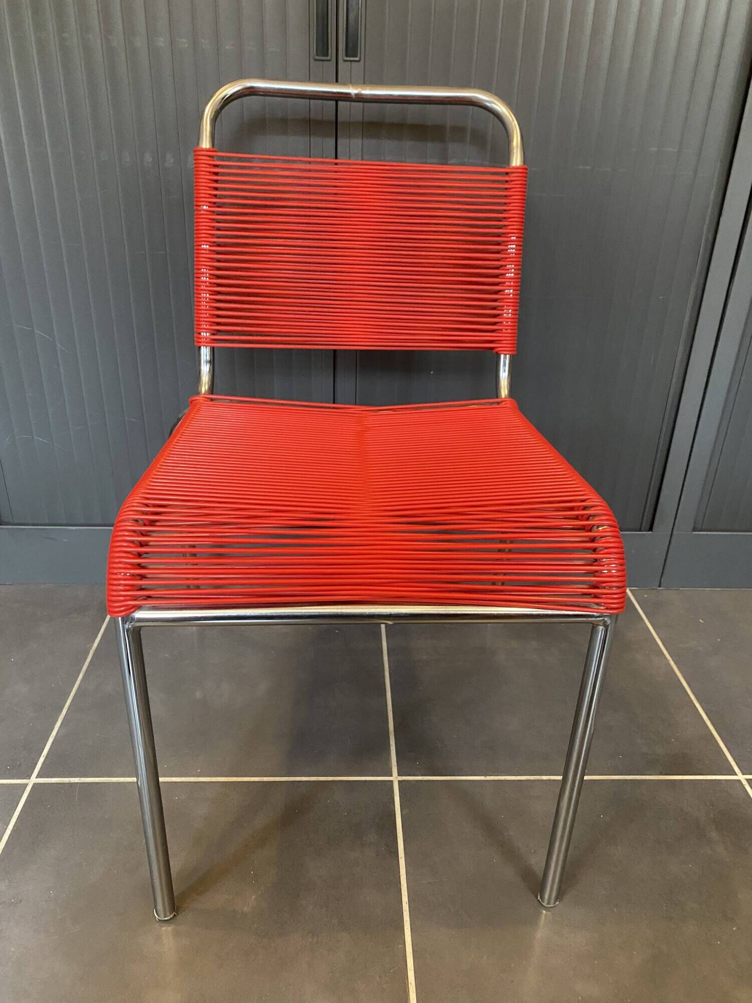 Scoubidou chair or vintage 1960 red chrome spaghetti chair