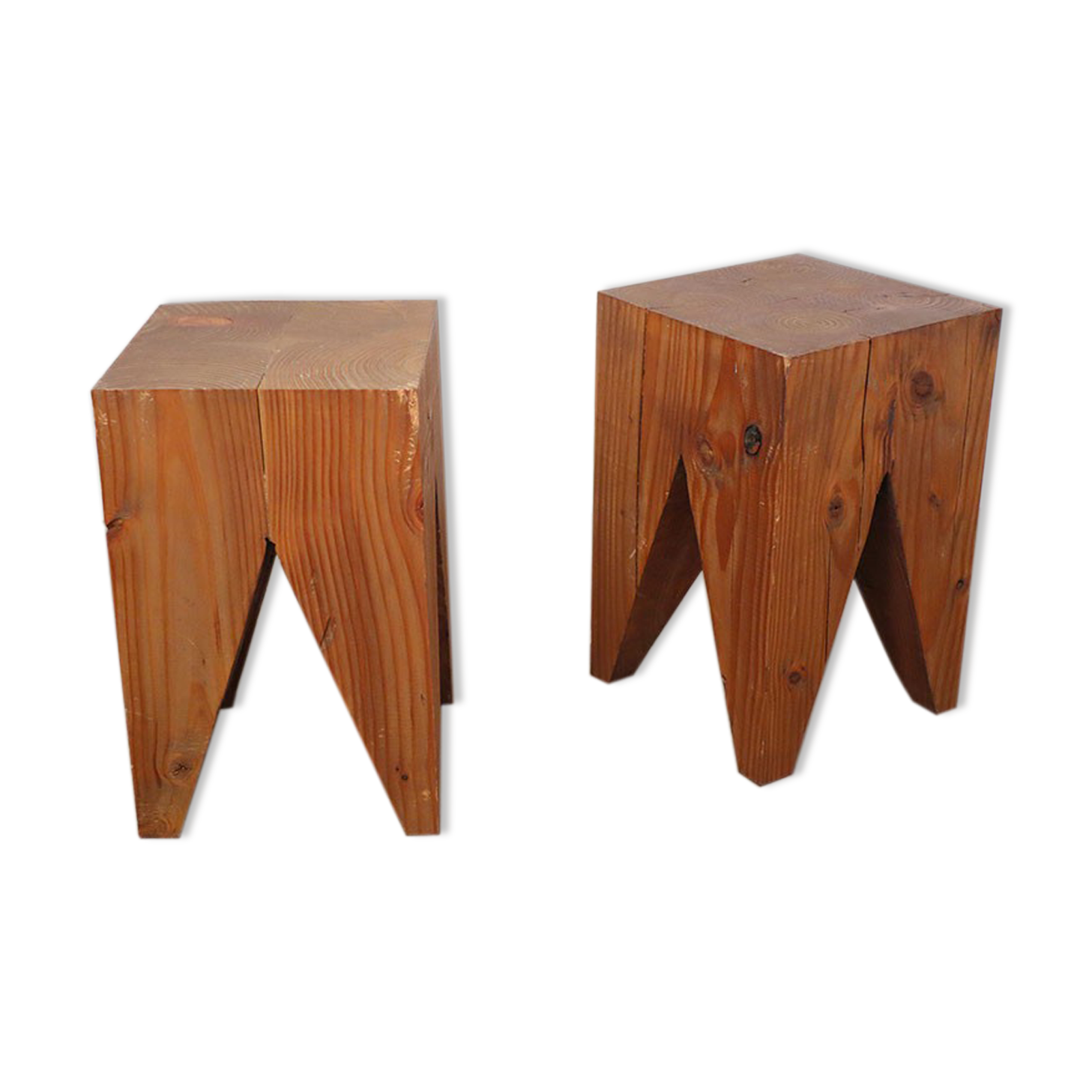 Pair of brutalist stools in solid fir