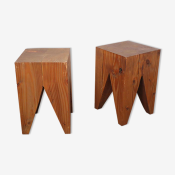 Pair of brutalist stools in solid fir